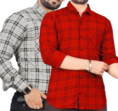 Click Everyday Men Checkered Casual Grey, Red Shirt(Pack of 2)