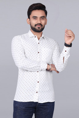 SilverBuck Men Printed Casual White, Brown, Dark Blue Shirt