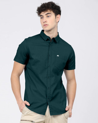 BRUCEWANE Men Solid Casual Dark Green Shirt