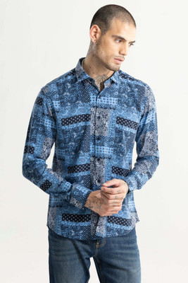 Snitch Men Printed Casual Blue Shirt