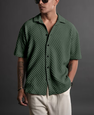 Vraj Shopee Men Self Design Casual Green Shirt