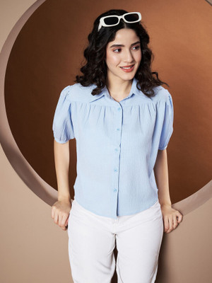 Moda Rapido Women Solid Casual Light Blue Shirt