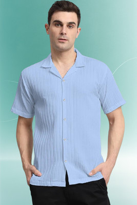 A DEEMOON TREND Men Self Design Casual Light Blue Shirt