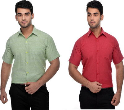 DESHBANDHU KHADI Men Solid Formal Red, Light Green Shirt(Pack of 2)