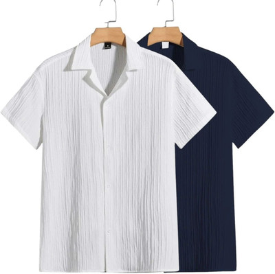 METRONAUT Men Self Design Casual White, Dark Blue Shirt(Pack of 2)