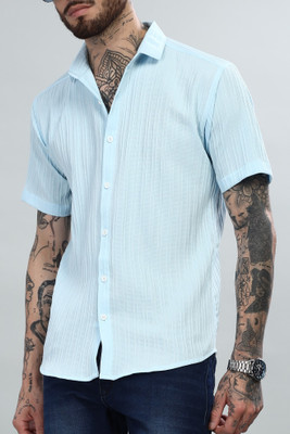 MILDIN Men Self Design Casual Light Blue Shirt