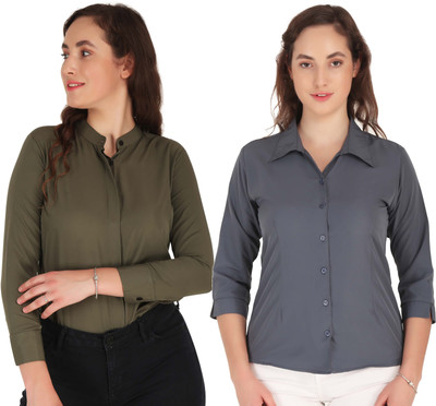Mamnoon Women Solid Casual Brown Shirt(Pack of 2)