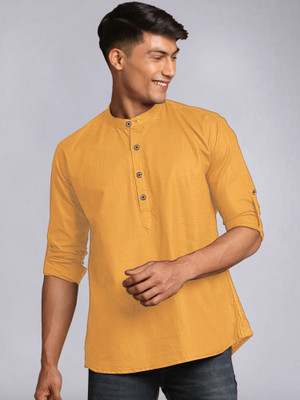 allan peter Men Solid Straight Kurta(Yellow)