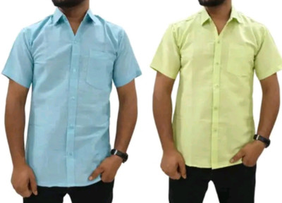 SAH TEXTILES Men Solid Casual Yellow, Blue Shirt(Pack of 2)