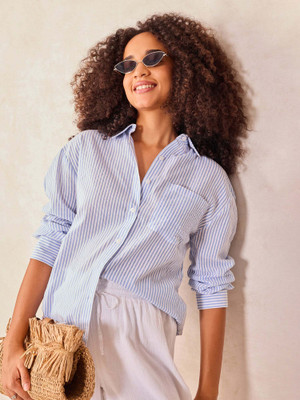 OUTZIDR Women Striped Casual Blue, White Shirt