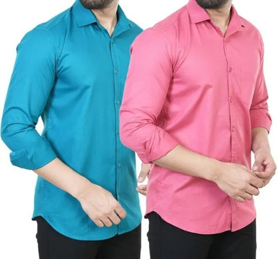 Hansroop Men Solid Casual Pink, Light Blue Shirt(Pack of 2)