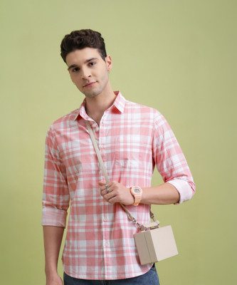 HIGHLANDER Men Checkered Formal Pink Shirt