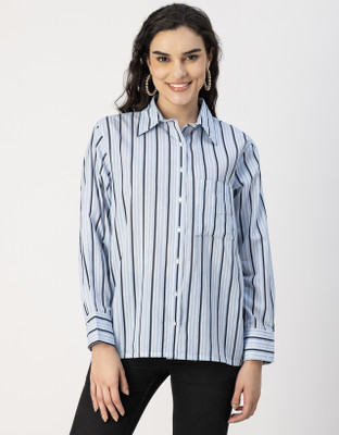 moomaya Women Striped Casual Light Blue, White, Black Shirt