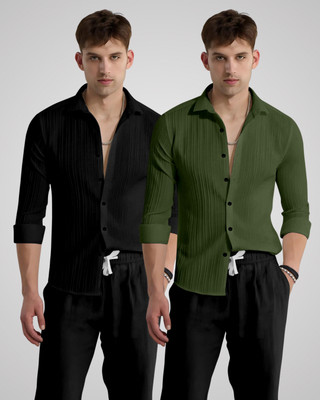 kruze Men Striped Casual Black, Green Shirt(Pack of 2)