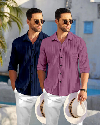 HEMAS LIFESTYLE Men Self Design, Striped Casual Dark Blue, Pink Shirt(Pack of 2)