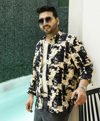 Instafab Plus Men Printed Casual Beige, Black Shirt