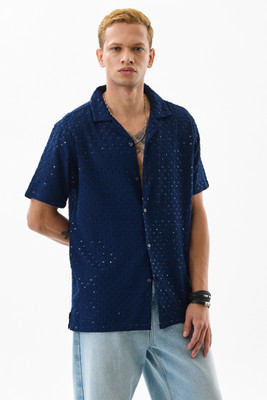 Snitch Men Embroidered Casual Dark Blue Shirt