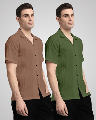 HEMAS LIFESTYLE Men Self Design, Solid Casual Brown, Green Shirt(Pack of 2)