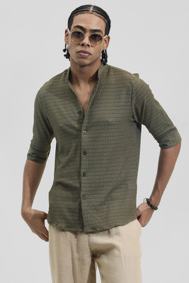 Snitch Men Self Design Casual Dark Green Shirt