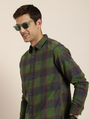 HERE&NOW Men Checkered Casual Green Shirt