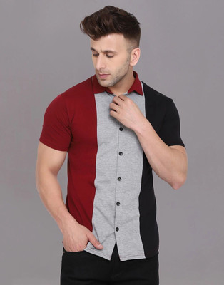 tfurnish Men Color Block Casual Silver, Maroon, Black Shirt