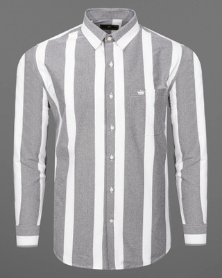 french crown Men Striped Casual Grey, White Shirt
