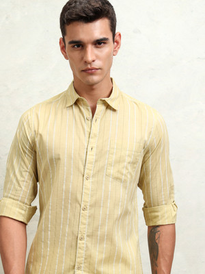 HIGHLANDER Men Striped Casual Yellow Shirt