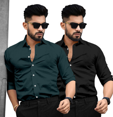 SAADIWALA Men Solid Casual Black, Green Shirt(Pack of 2)
