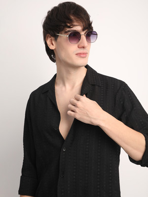 Voroxy Men Self Design Casual Black Shirt