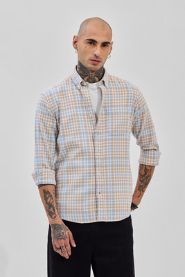 Snitch Men Checkered Casual Beige Shirt