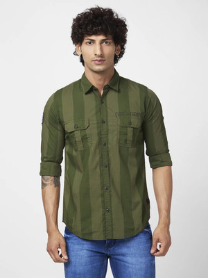 Spykar Men Striped Casual Dark Green, Green Shirt