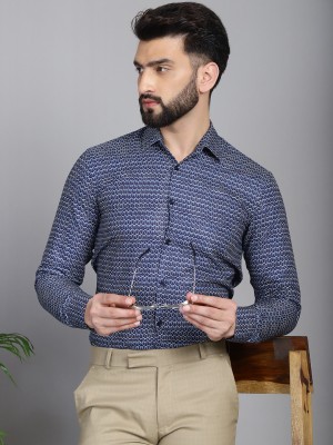 Indian Needle Men Printed Formal Blue, Dark Blue, White Shirt