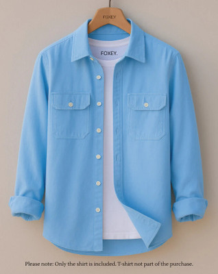 FOXEY Men Solid Casual Light Blue Shirt
