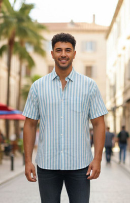HouseOfCommon Men Striped Casual Blue, White Shirt