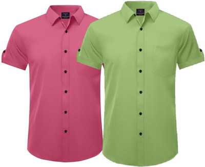 Expofiled Trends Men Solid Casual Green, Pink Shirt(Pack of 2)