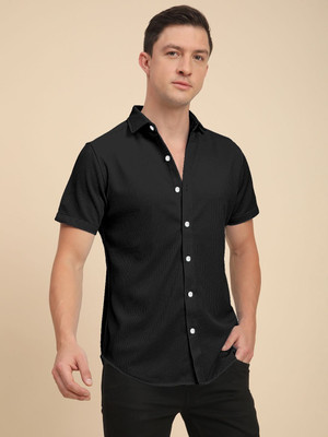Voroxy Men Self Design Casual Black Shirt
