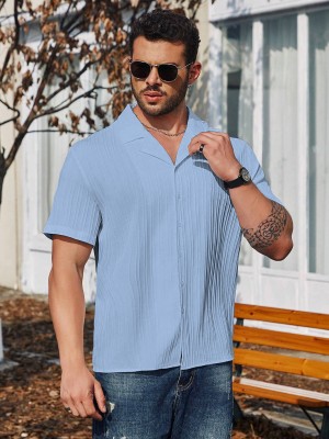 WUXI Men Self Design Casual Light Blue Shirt