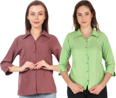 SHANAYA MODA Women Solid Formal Dark Blue, Green Shirt(Pack of 2)