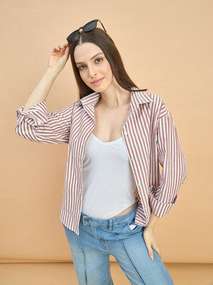 QIOA Women Striped Casual Brown Shirt