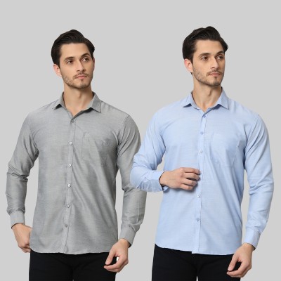 Bigreams Men Self Design Formal Grey, Blue Shirt(Pack of 2)