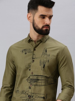 Showoff Men Printed Casual Dark Green Shirt