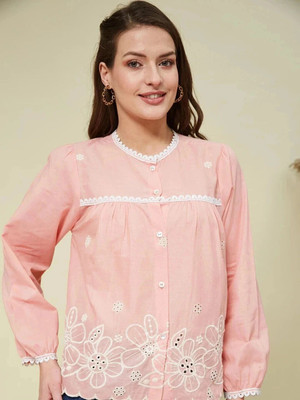 J TURRITOPSIS Women Embroidered Casual Pink Shirt