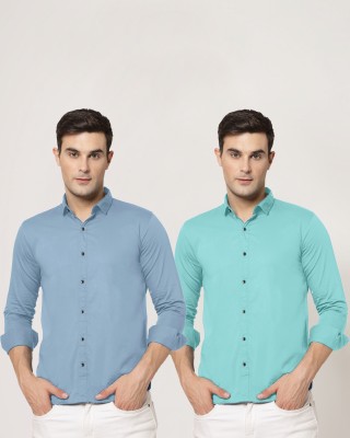 allan peter Men Solid Casual Light Green, Light Blue Shirt(Pack of 2)