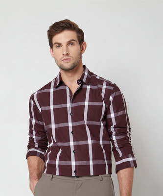 MUFTI Men Checkered Casual Maroon, White Shirt