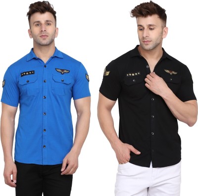 GEUM Men Solid Casual Blue, Black Shirt(Pack of 2)