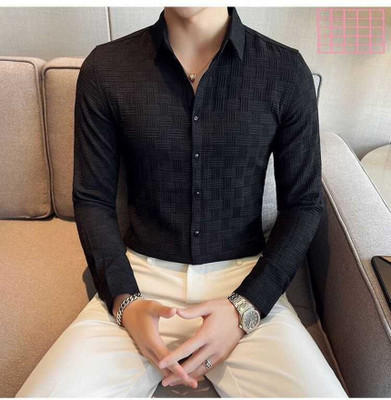 THREADVIBE Men Solid, Self Design Casual Black Shirt