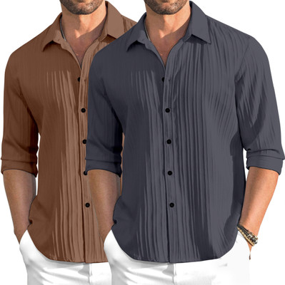 OXXOM Men Self Design Casual Brown, Grey Shirt(Pack of 2)