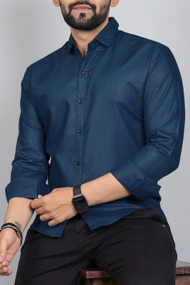 Lonexo Men Solid Casual Dark Blue Shirt