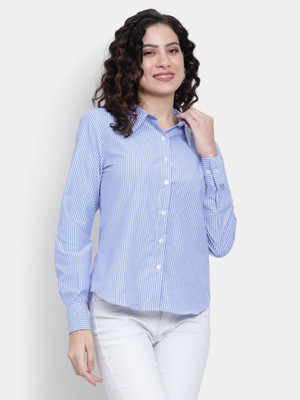 SWALLOW FAB Women Striped Casual Blue Shirt