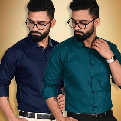 Tee Projekt Men Solid Formal Dark Blue, Dark Green Shirt(Pack of 2)